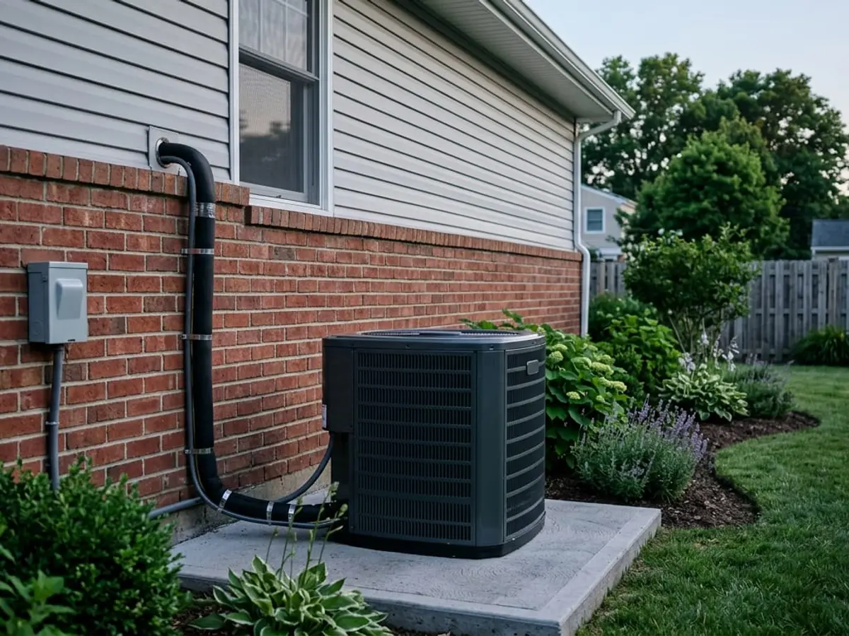 Central air conditioning condenser outside a home