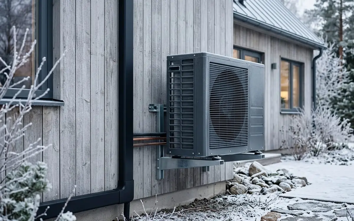 Outdoor heat pump unit beside a home