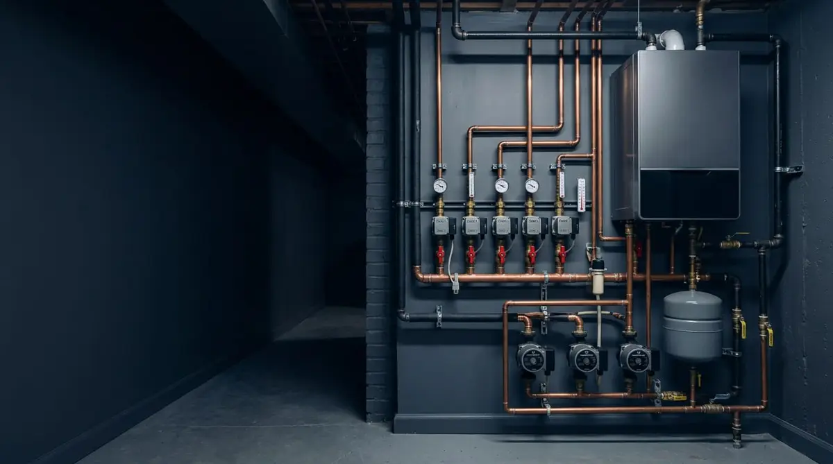 Boiler room with copper piping, gauges, circulator pumps and a wall-hung high-efficiency boiler