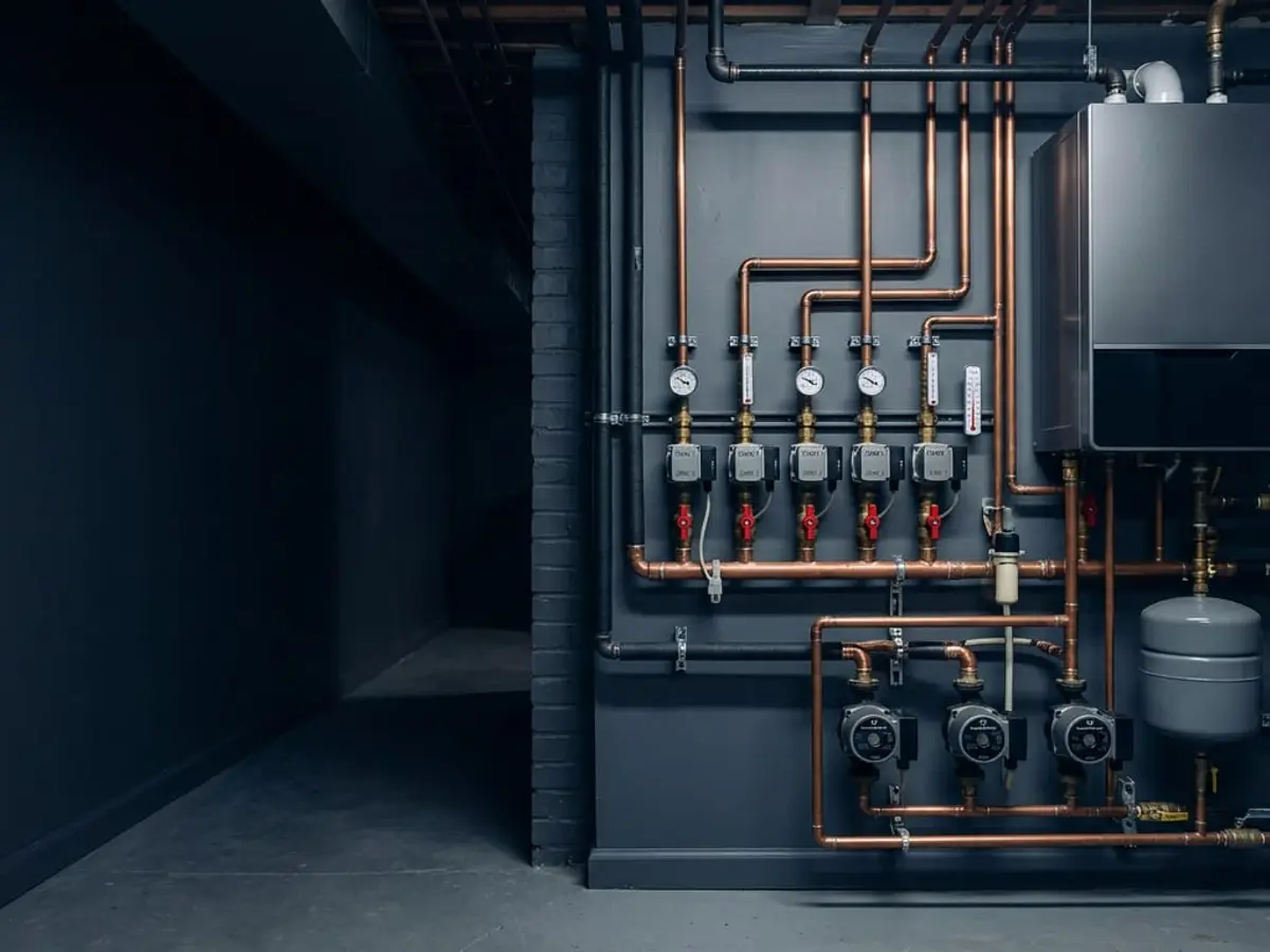 Mechanical room with boiler piping and controls
