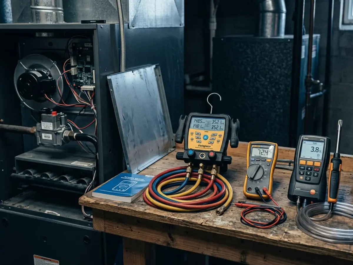 HVAC equipment being inspected during a seasonal maintenance visit