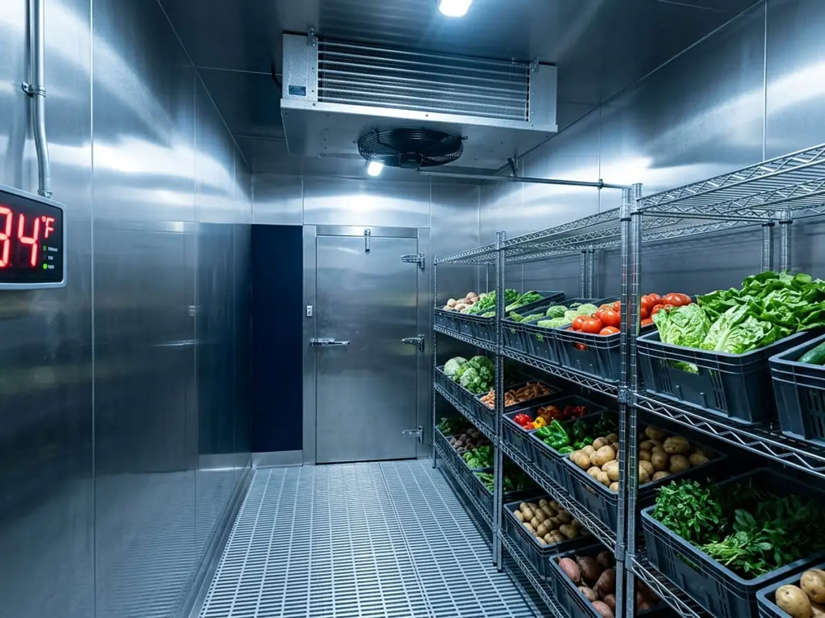 Commercial refrigeration equipment in a food-service kitchen