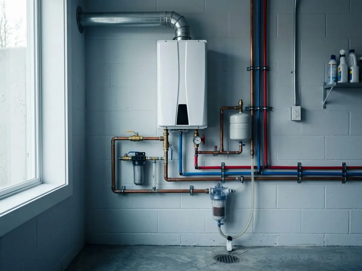 Wall-mounted tankless water heater with gas and water connections