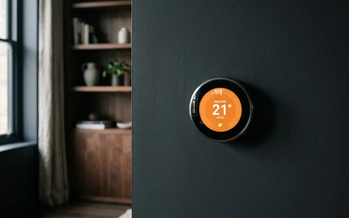 Smart thermostat mounted on a wall in heating mode