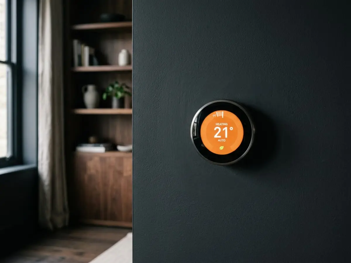 Round smart thermostat on a dark wall showing heating mode